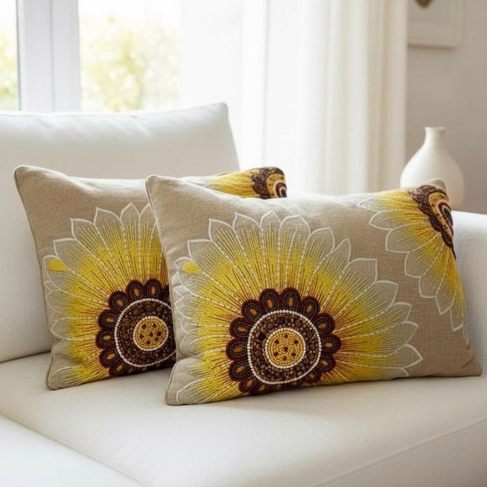 Pier 1 Imports Pillows Lumbar Throw Embroidered Beaded Sunflowers Two 19” x 14”